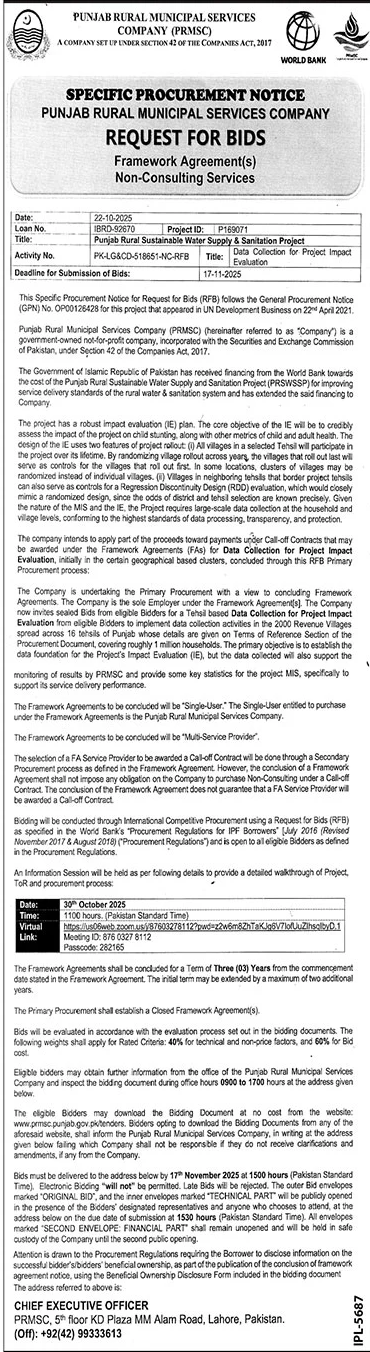 Punjab Rural Municipal Services Lahore Tender Notice